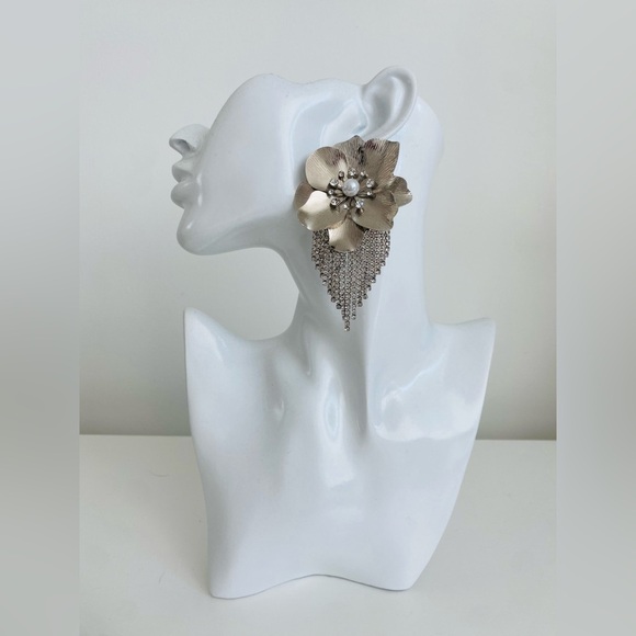 Bold Silver Tone Metal Floral Statement Earrings with Rhinestones - Picture 2 of 3